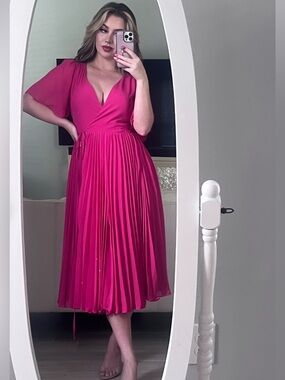Lulu's Hot Pink Wrap Midi Dress with Pleated Skirt